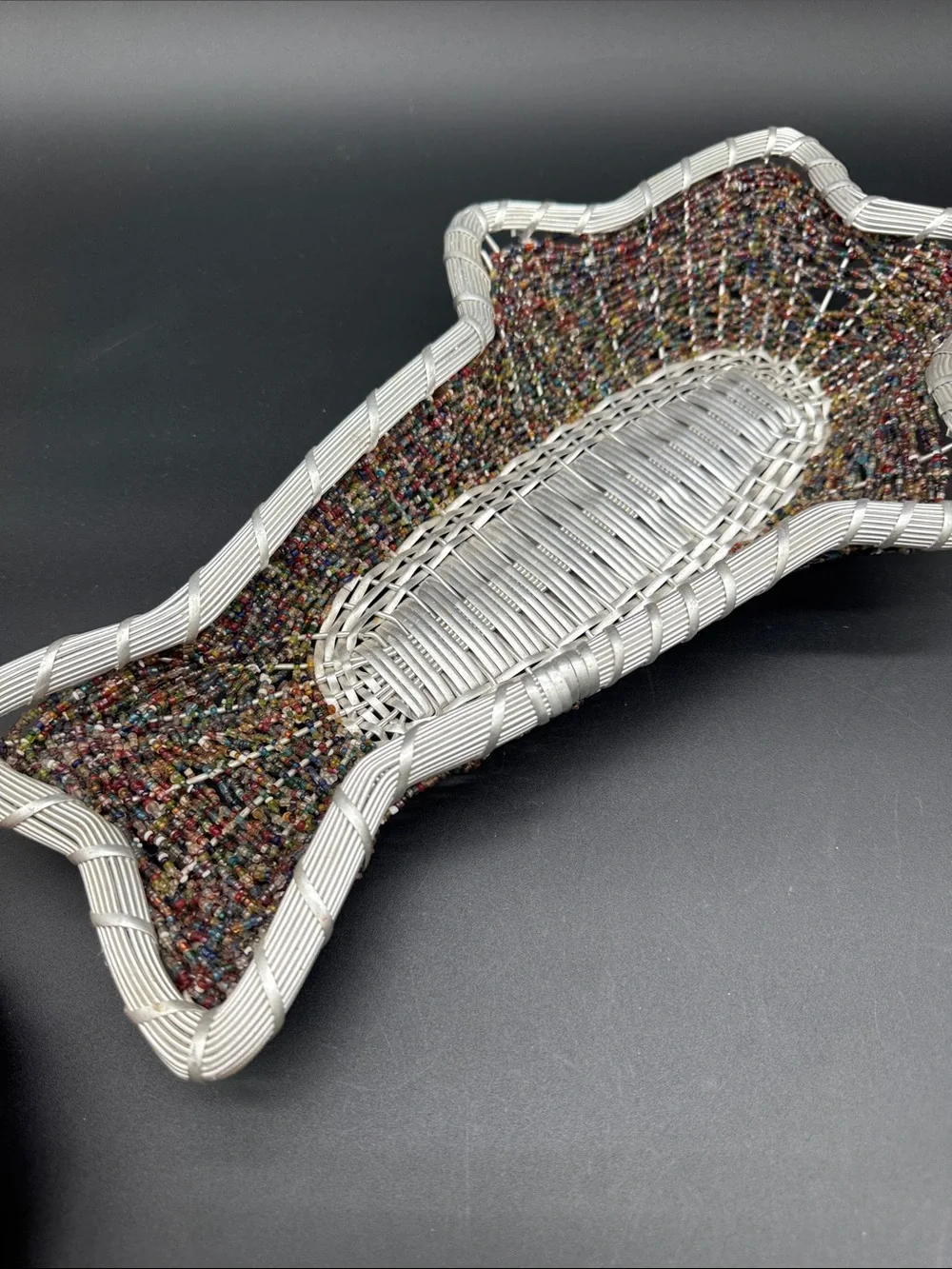 Beaded Fish Shaped Basket Aluminum Wire Wrapped Multicolor Seed Beads 16” x 9”